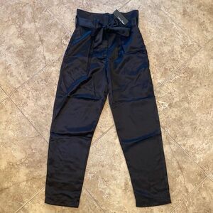 4/$20 NWT Lea & Viola Black Shiny Satin High Waisted Paper Bag Pants XS